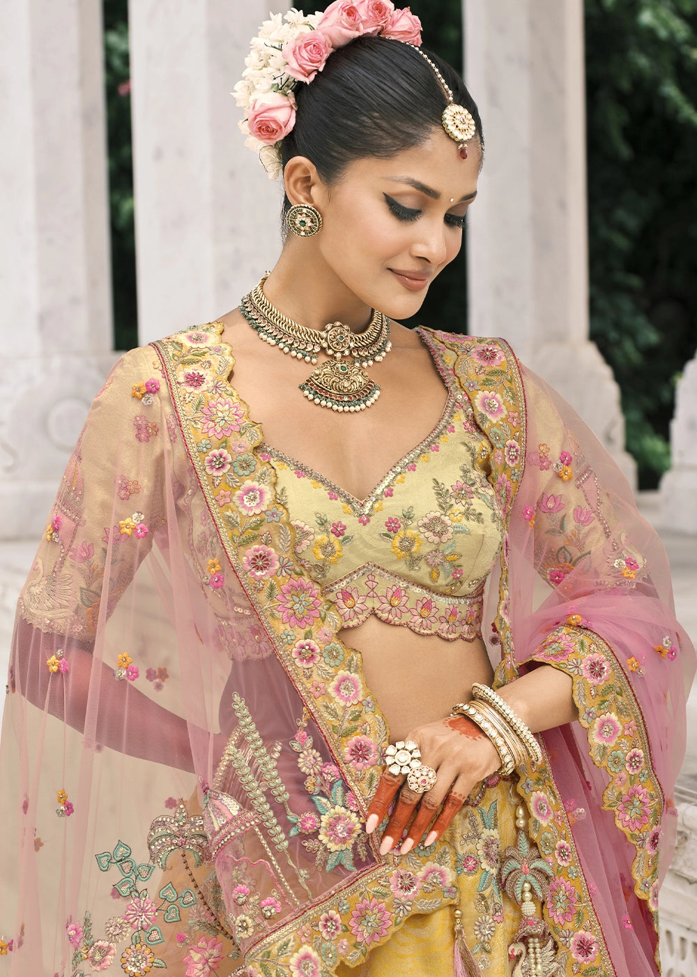 Cream & Yellow Heavy Embroidered Mirror, Sequins & Stone Work Semi Stitched Lehenga Choli (Copy) House of Panchhi
