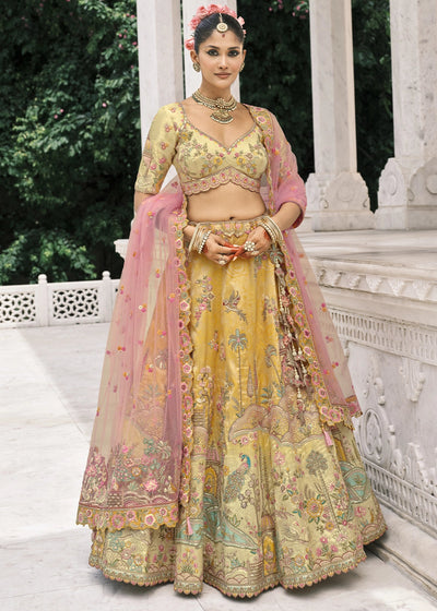 Cream & Yellow Heavy Embroidered Mirror, Sequins & Stone Work Semi Stitched Lehenga Choli House of Panchhi