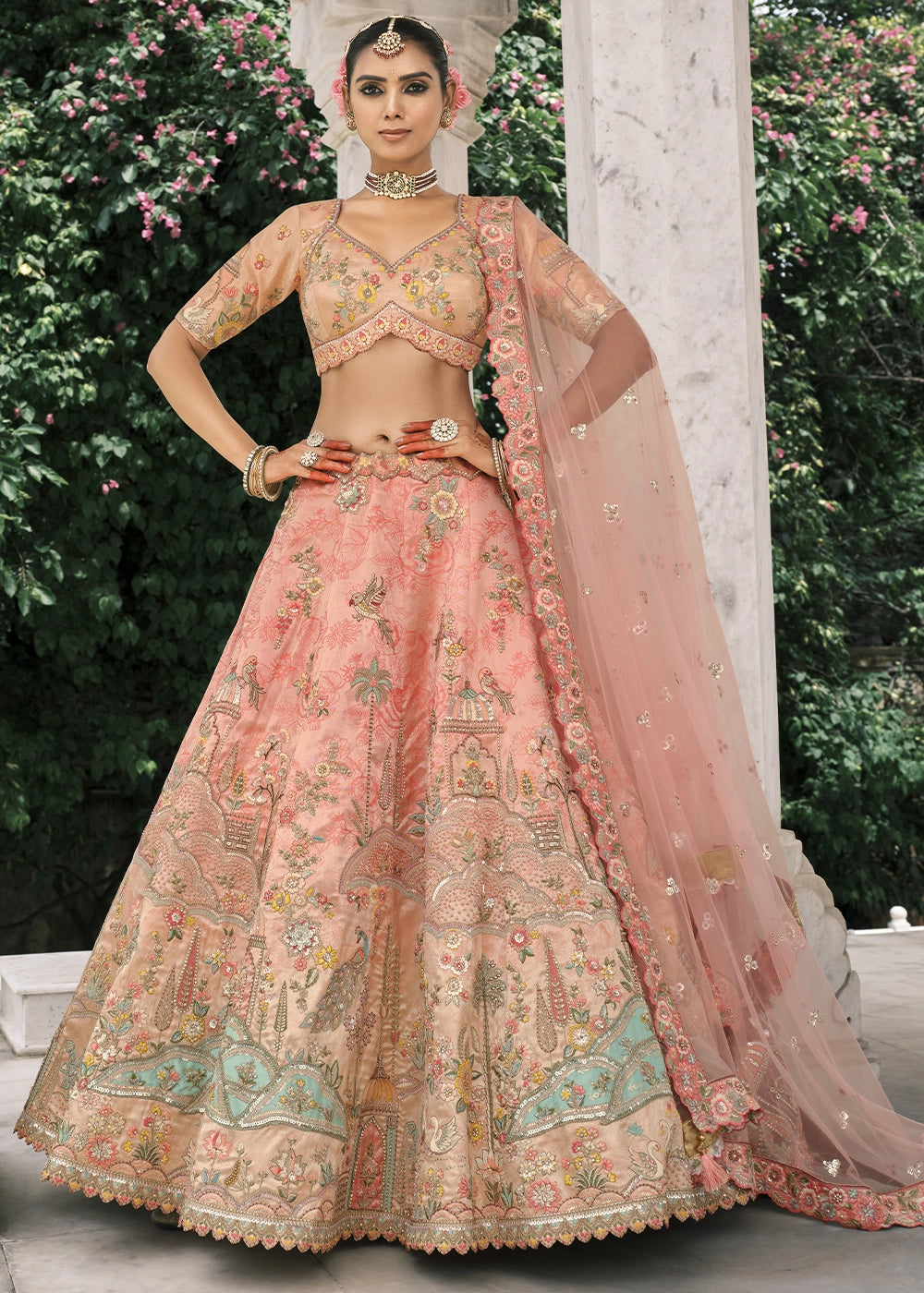 Pink color Heavy Embroidered Mirror, Sequins & Stone Work Semi Stitched Lehenga Choli House of Panchhi