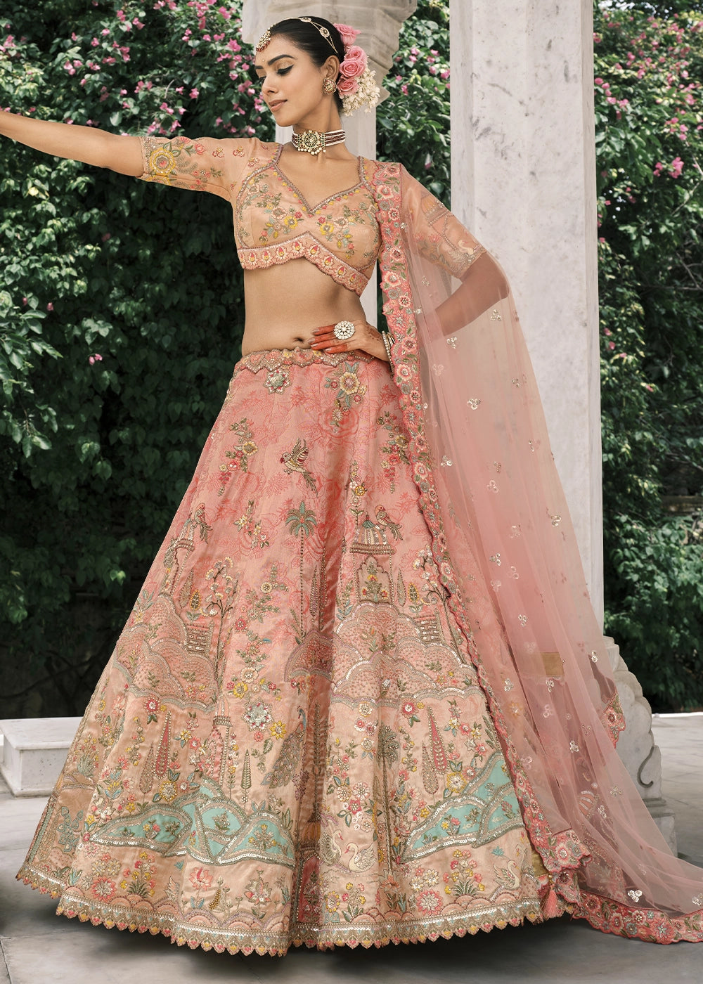 Pink color Heavy Embroidered Mirror, Sequins & Stone Work Semi Stitched Lehenga Choli House of Panchhi