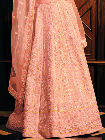 Pink Pure Raw Silk Embroidered Semi Stitched Lehenga Choli