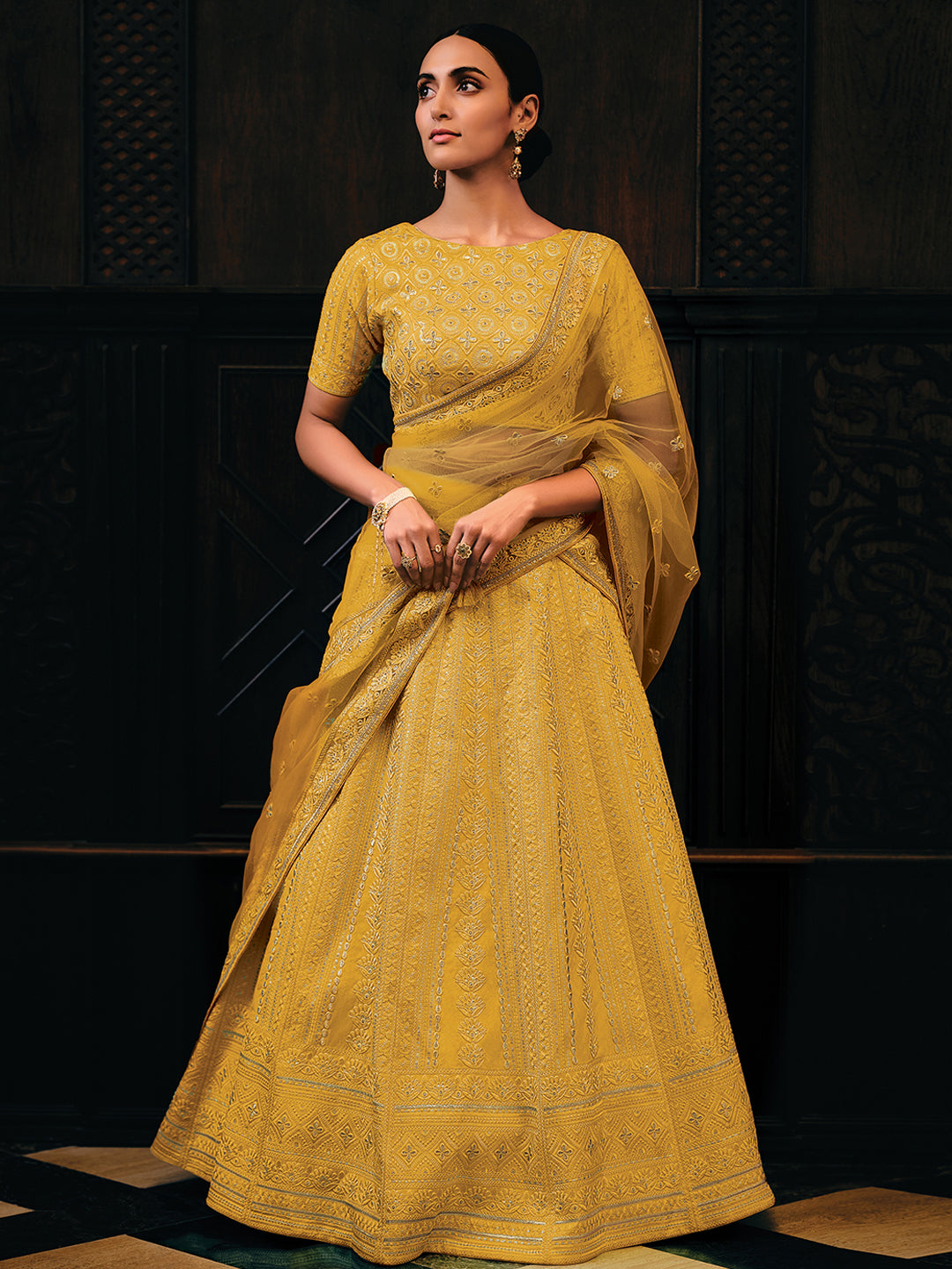 Yellow Pure Raw Silk Embroidered Semi Stitched Lehenga Choli