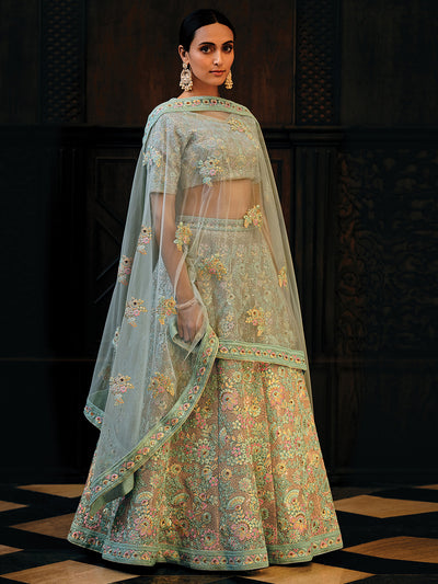 Shades of Green Net Heavy Embroidered Semi Stitched Lehenga Choli