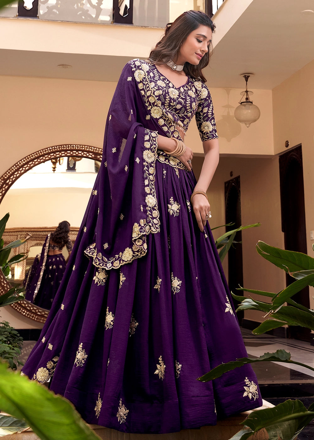 Purple Colour Embellishment With Pearl Coding and Sequins Embroidery Work