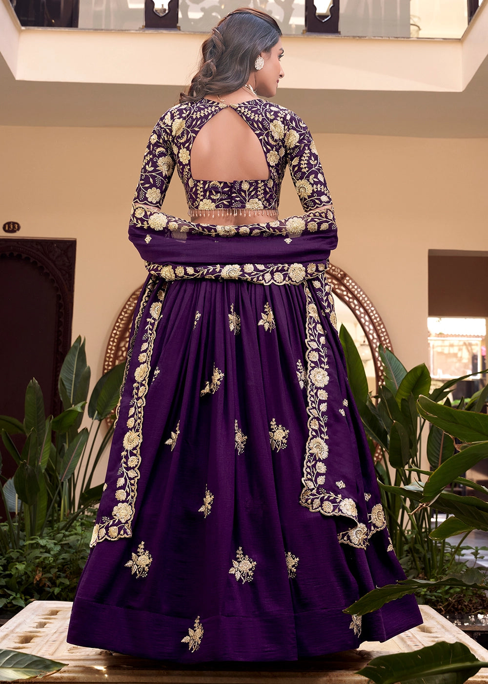 Purple Colour Embellishment With Pearl Coding and Sequins Embroidery Work