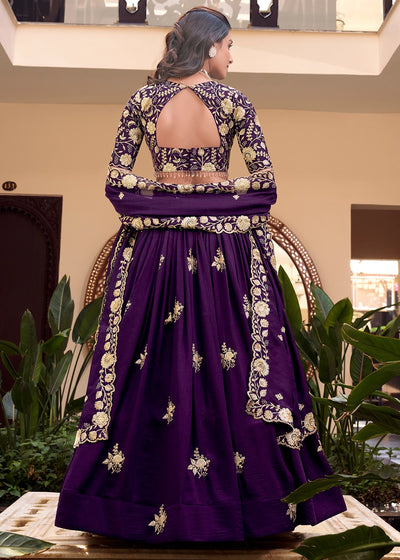Purple Colour Embellishment With Pearl Coding and Sequins Embroidery Work