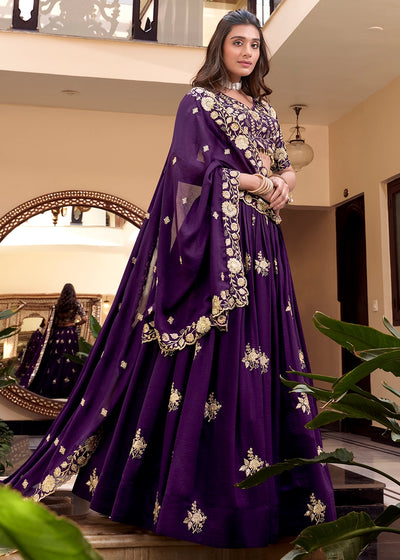 Purple Colour Embellishment With Pearl Coding and Sequins Embroidery Work