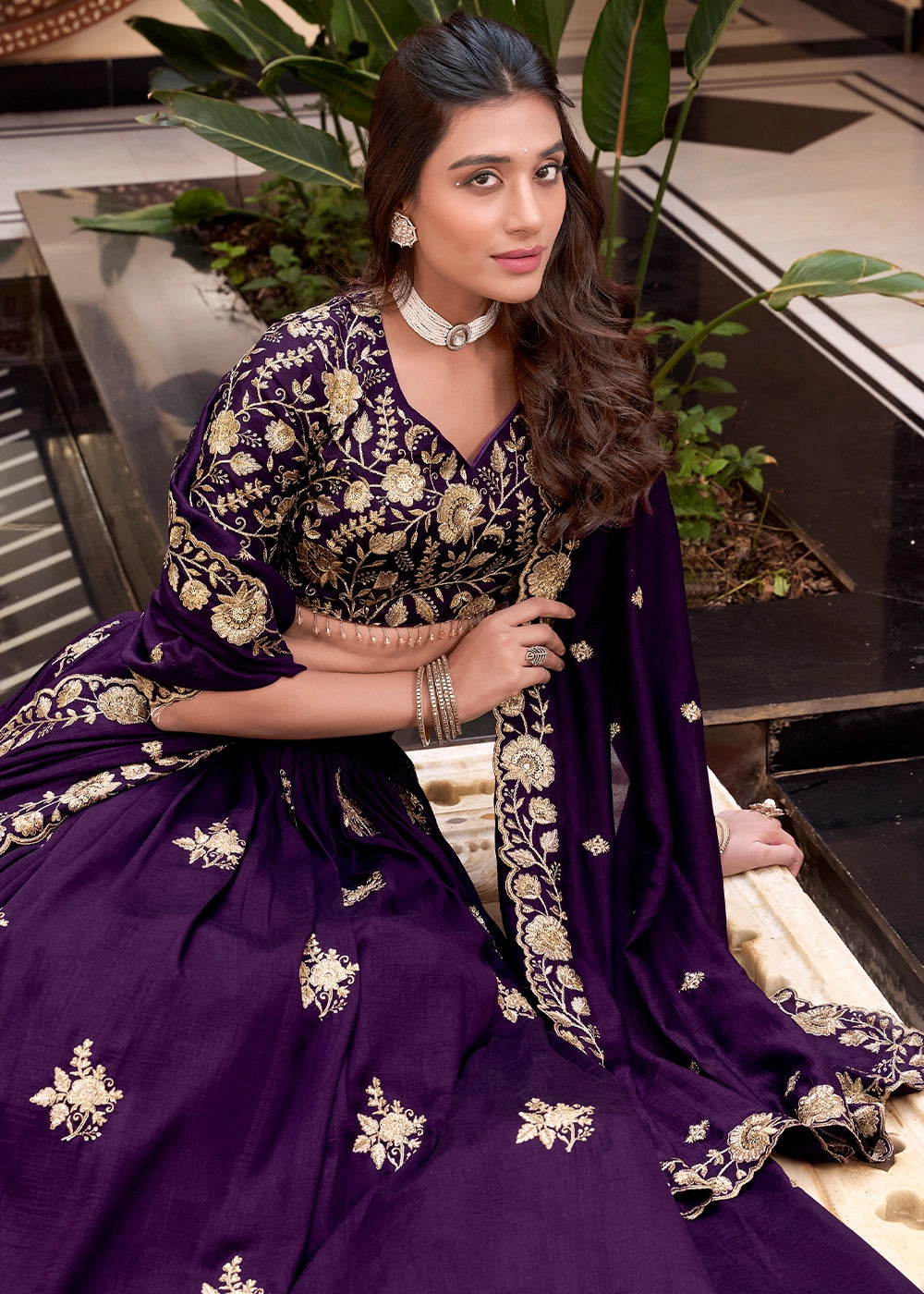 Purple Colour Embellishment With Pearl Coding and Sequins Embroidery Work