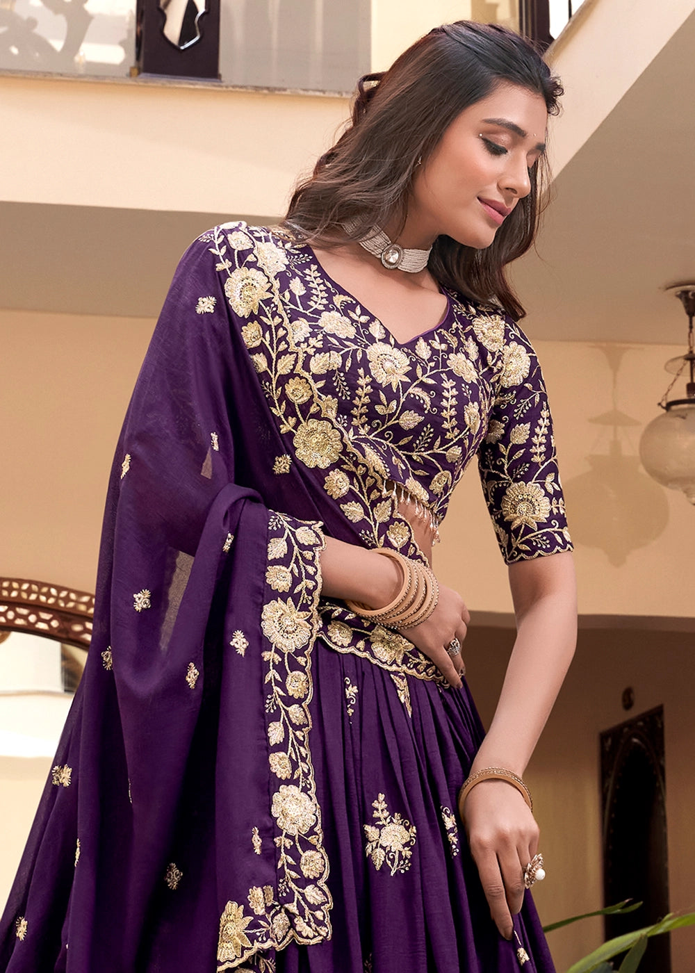 Purple Colour Embellishment With Pearl Coding and Sequins Embroidery Work