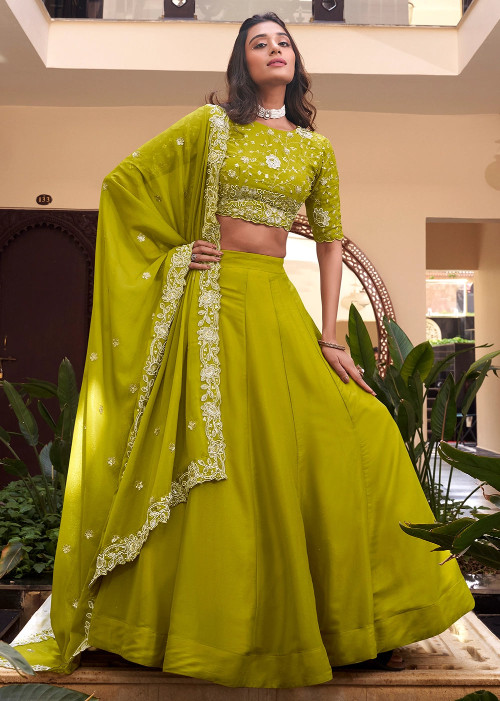 Green colour Embellishment With Pearl Coding and Sequins Embroidery Work