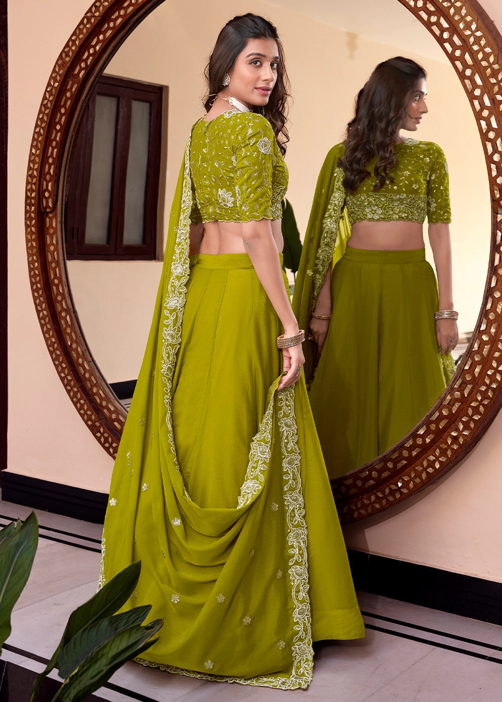 Green colour Embellishment With Pearl Coding and Sequins Embroidery Work