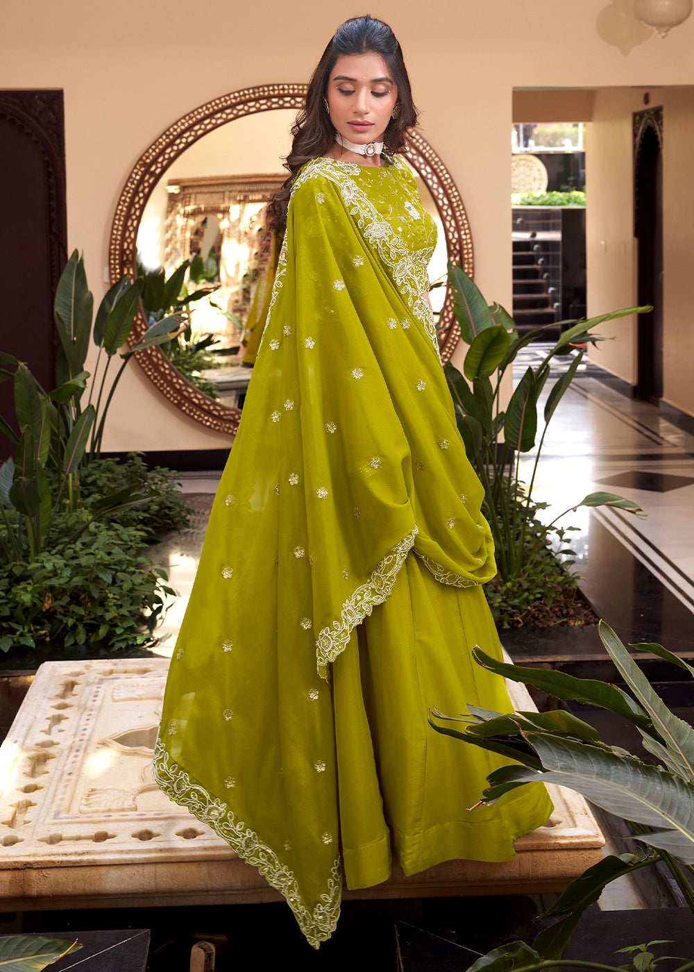 Green colour Embellishment With Pearl Coding and Sequins Embroidery Work