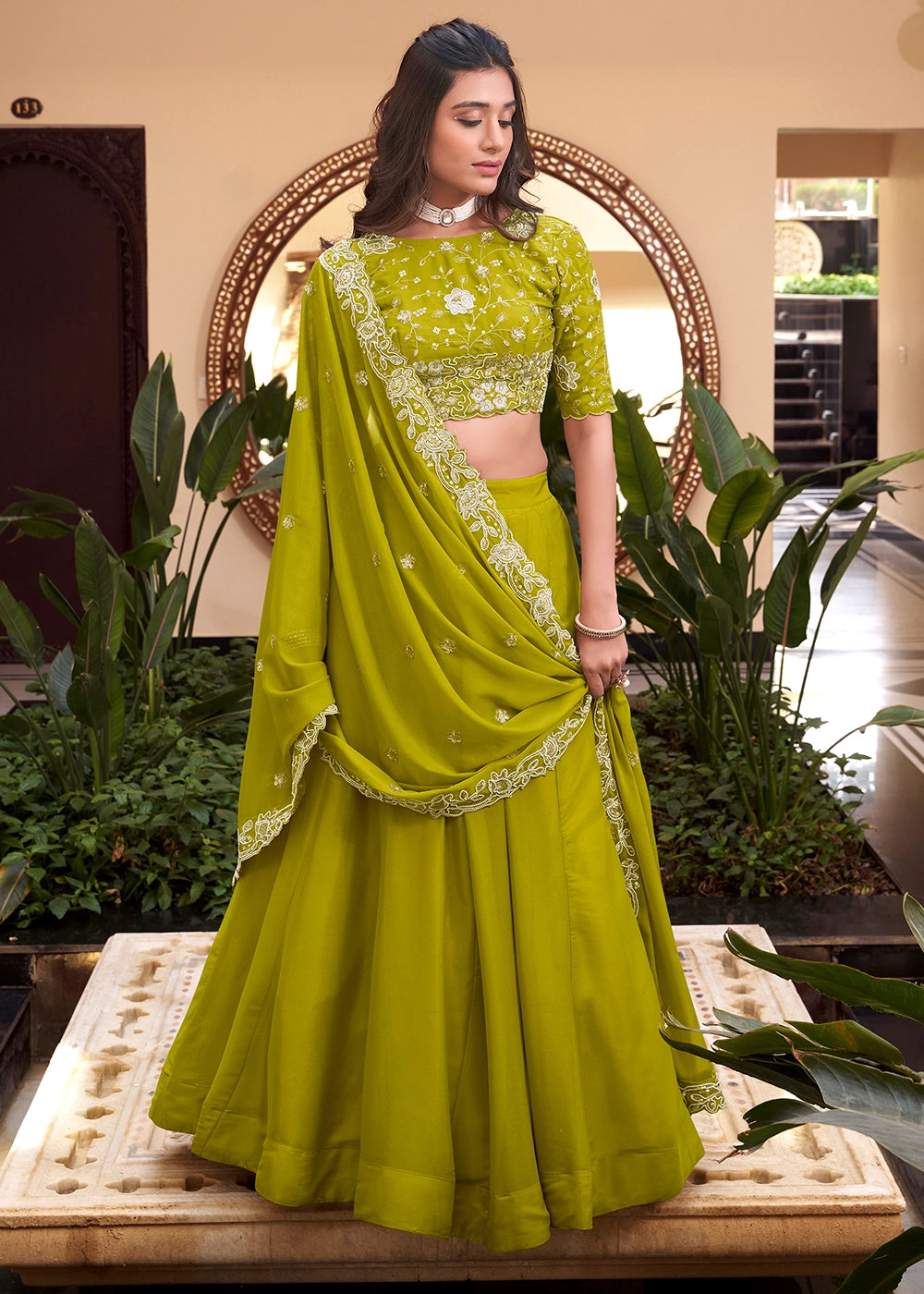 Green colour Embellishment With Pearl Coding and Sequins Embroidery Work