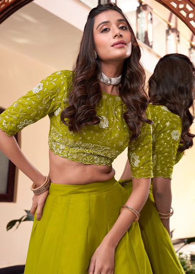 Green colour Embellishment With Pearl Coding and Sequins Embroidery Work