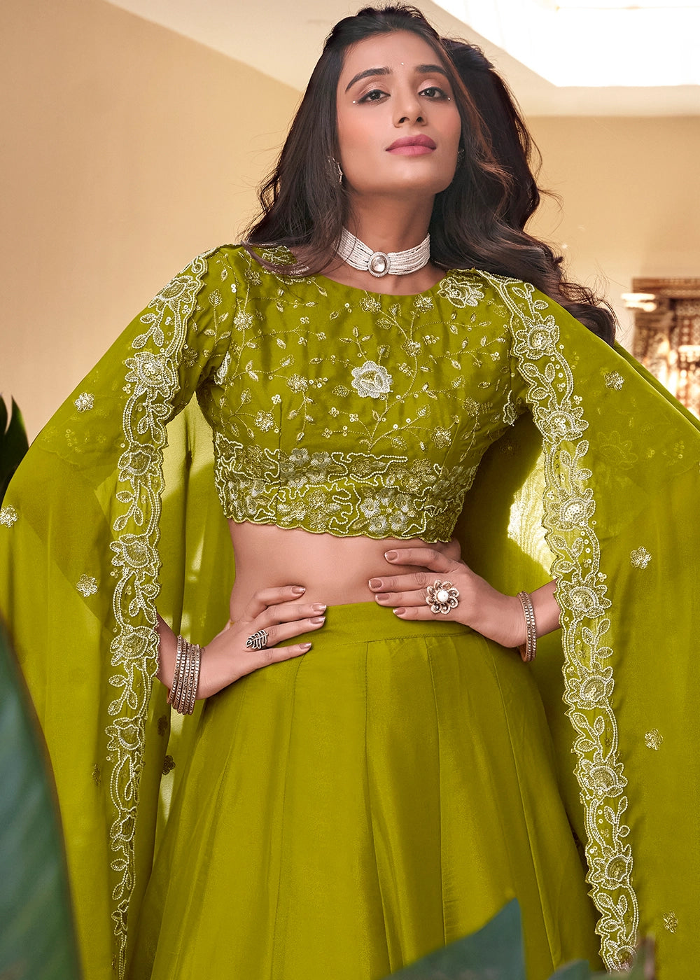Green colour Embellishment With Pearl Coding and Sequins Embroidery Work