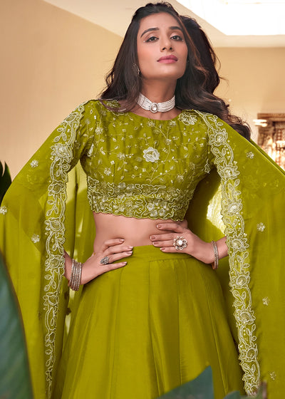 Green colour Embellishment With Pearl Coding and Sequins Embroidery Work