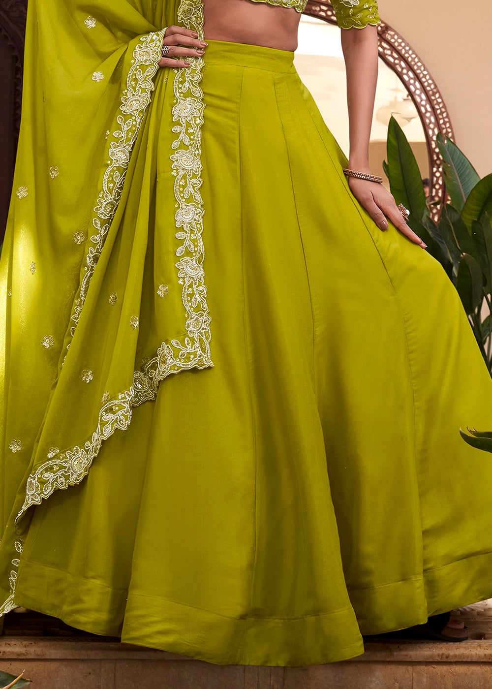 Green colour Embellishment With Pearl Coding and Sequins Embroidery Work