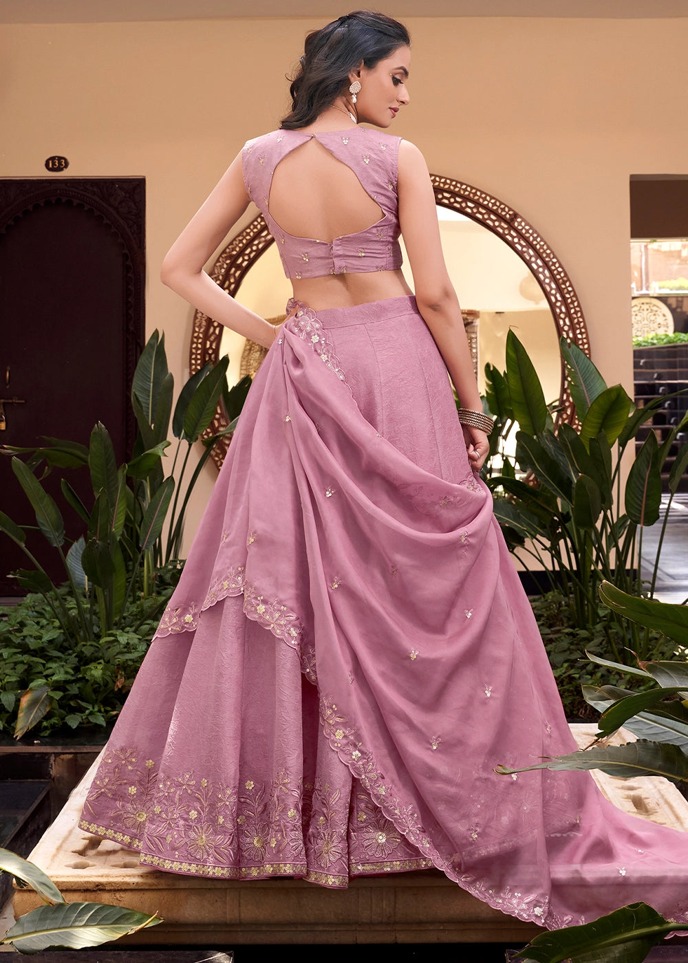 Pink Colour Embellishment With Pearl Coding and Sequins Embroidery Work