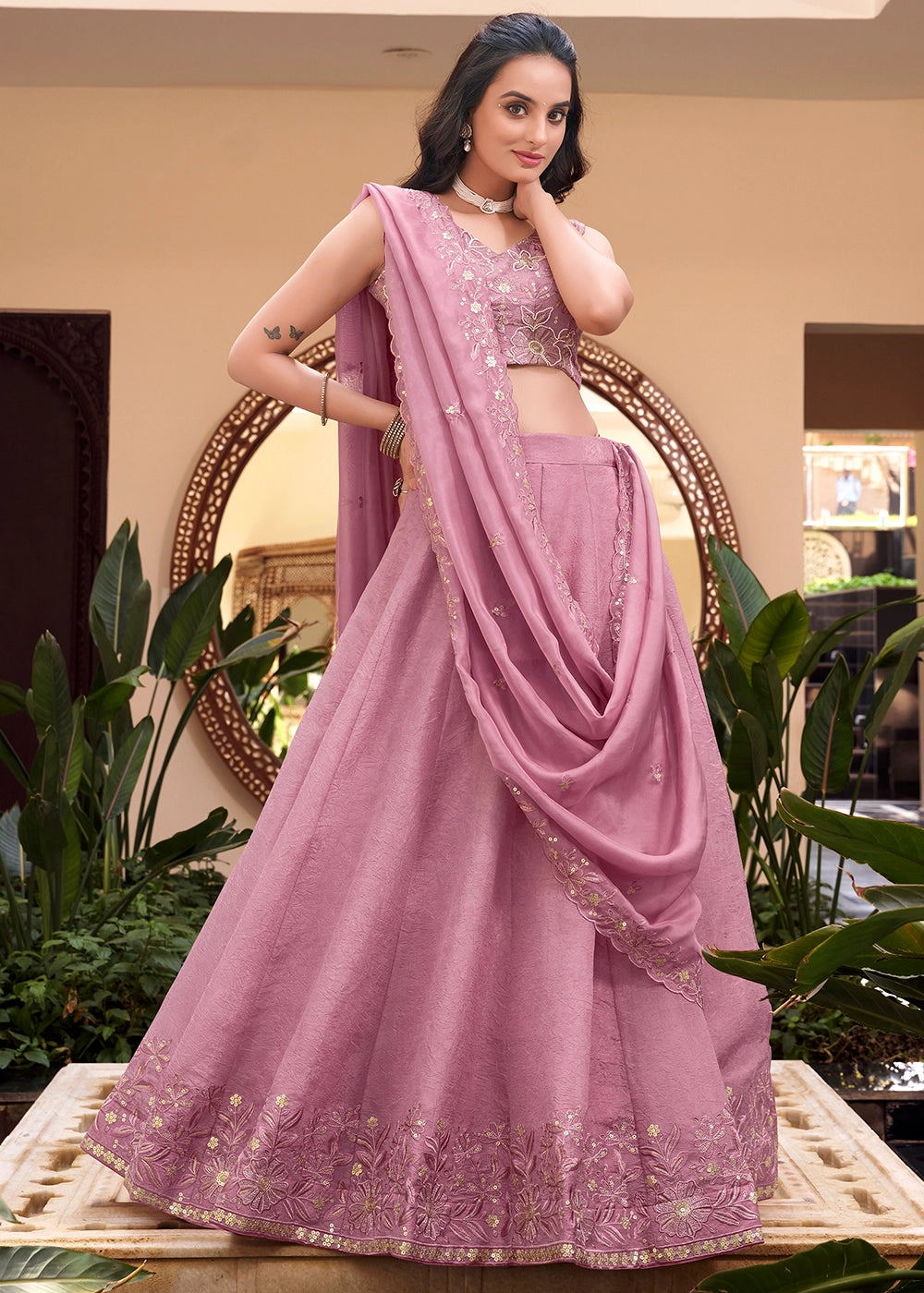 Pink Colour Embellishment With Pearl Coding and Sequins Embroidery Work