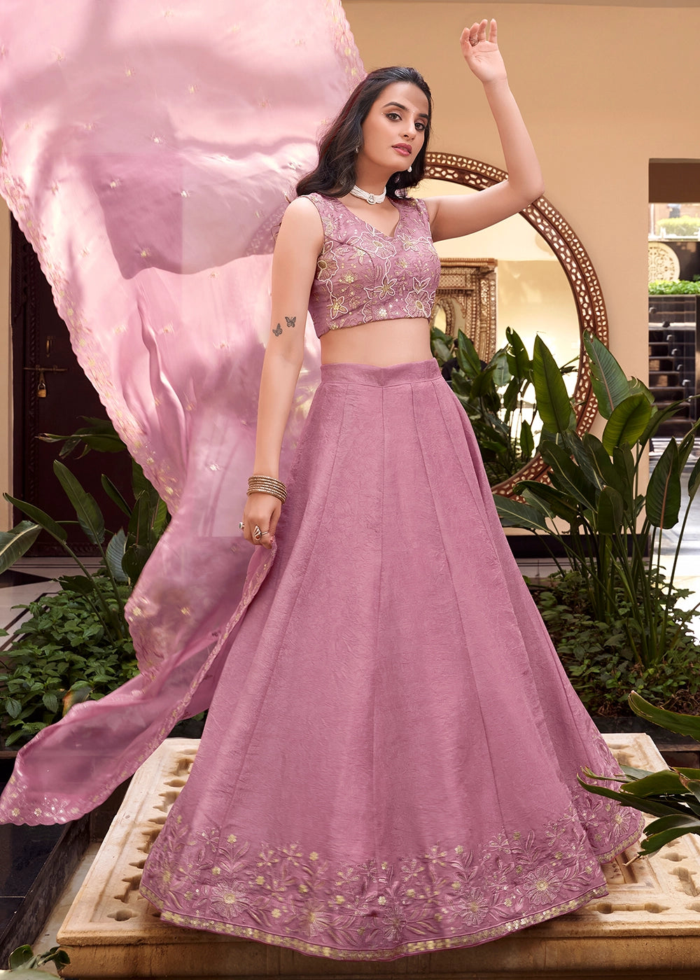 Pink Colour Embellishment With Pearl Coding and Sequins Embroidery Work