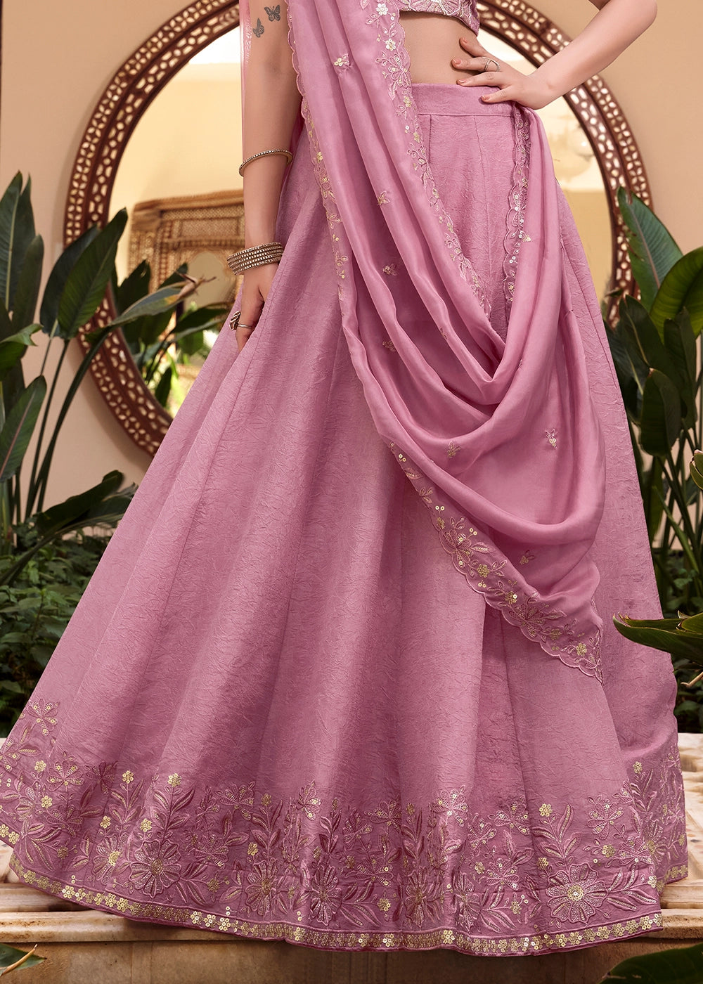 Pink Colour Embellishment With Pearl Coding and Sequins Embroidery Work