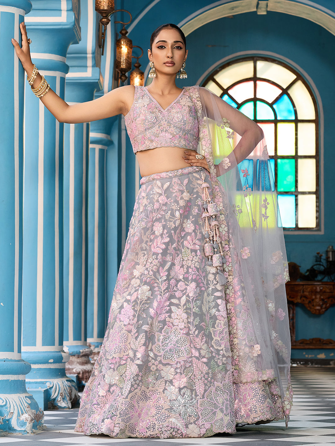 Net Fabric Sequins embroidery Semi-Stitched Lehenga & Unstitched Blouse With Dupatta House of Panchhi
