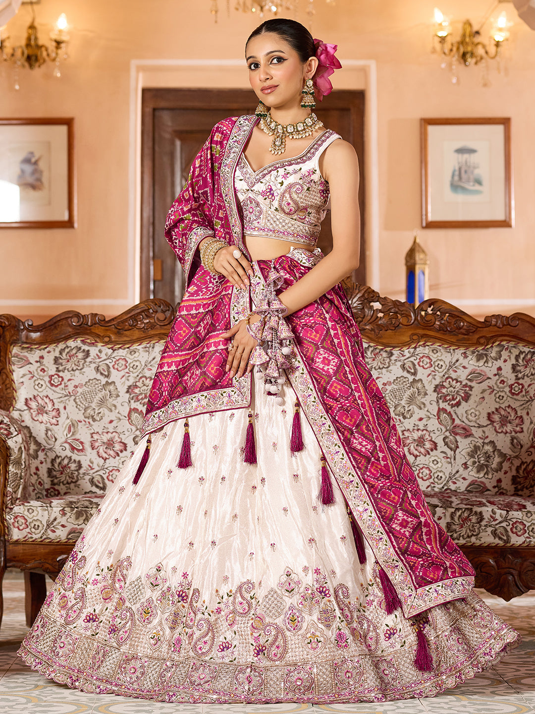 Tissue Fabric Sequins embroidery Semi-Stitched Lehenga & Unstitched Blouse With Burgundy Color Dupatta House of Panchhi