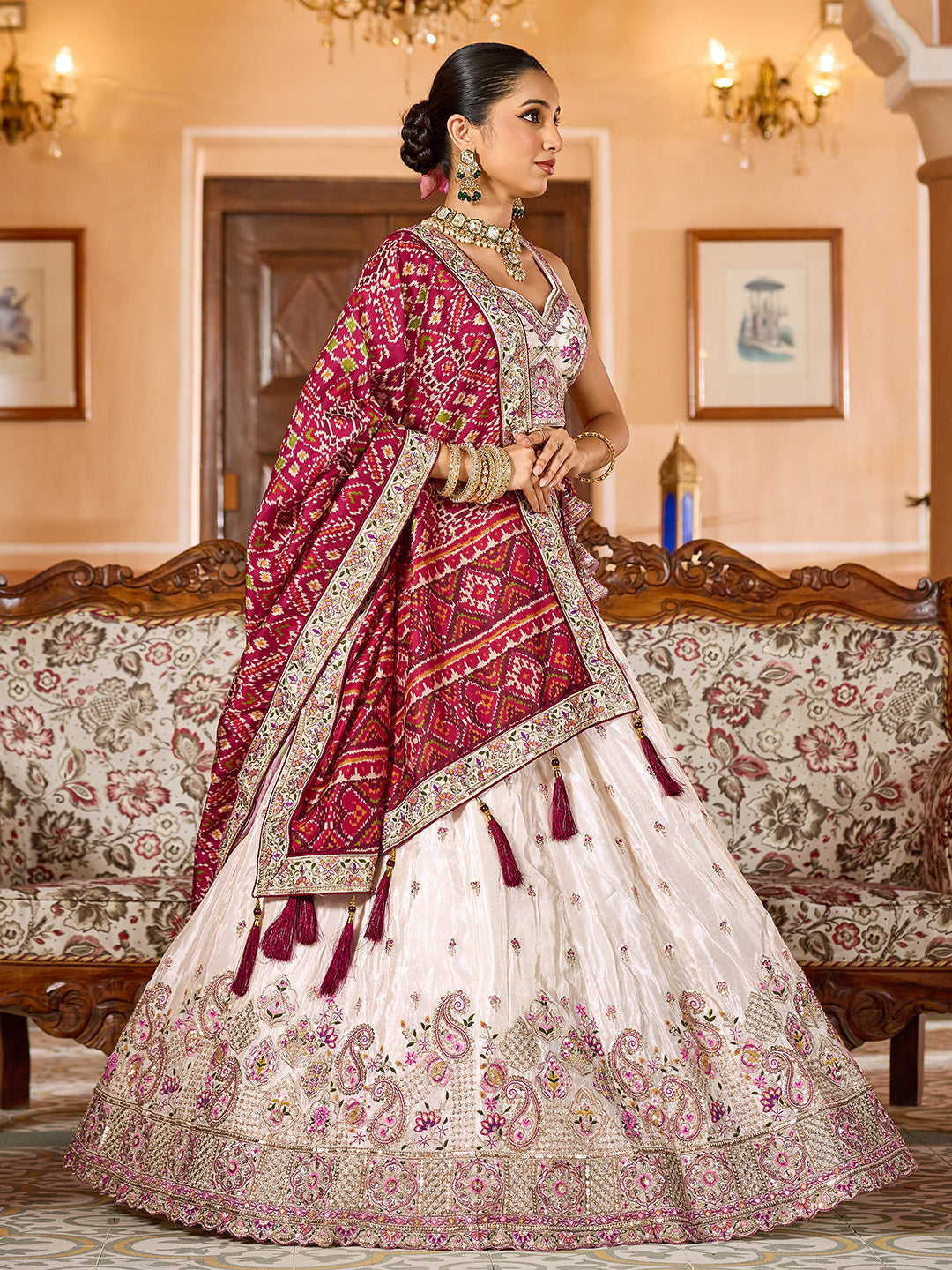 Tissue Fabric Sequins embroidery Semi-Stitched Lehenga & Unstitched Blouse With Burgundy Color Dupatta House of Panchhi