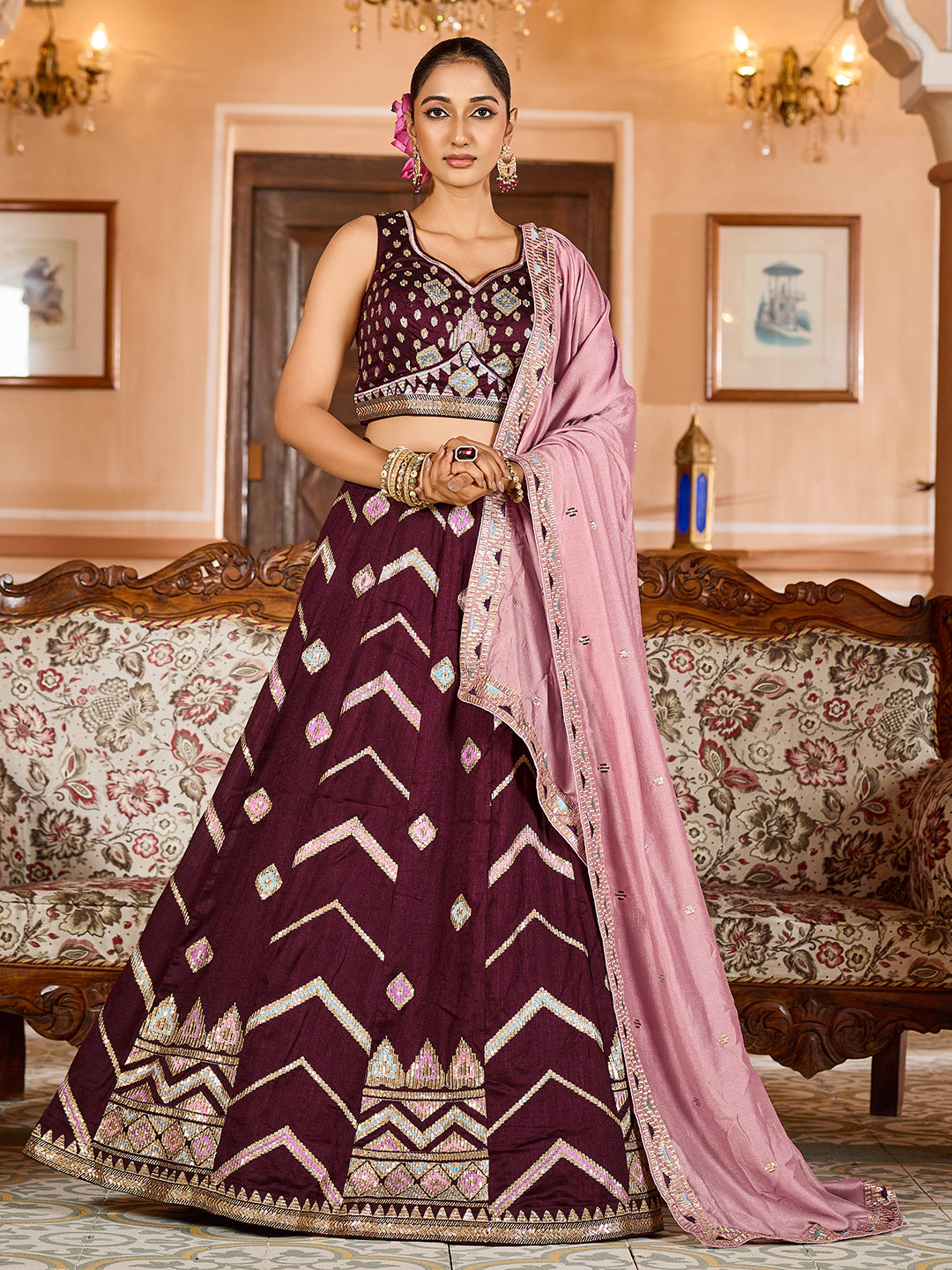 Silk Fabric Sequins embroidery Semi-Stitched Lehenga & Unstitched Blouse With Dupatta House of Panchhi