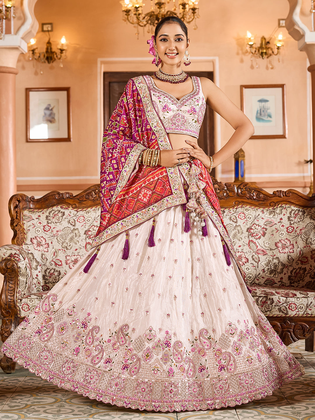 Tissue Silk Fabric Sequins embroidery Semi-Stitched Lehenga & Unstitched Blouse With Dupatta (Copy) House of Panchhi