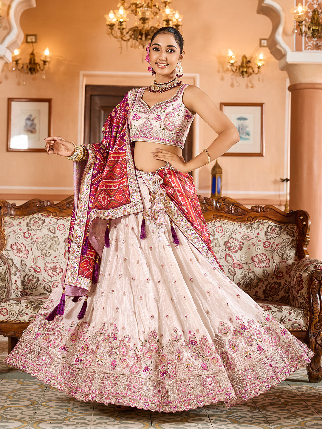 Tissue Silk Fabric Sequins embroidery Semi-Stitched Lehenga & Unstitched Blouse With Dupatta (Copy) House of Panchhi