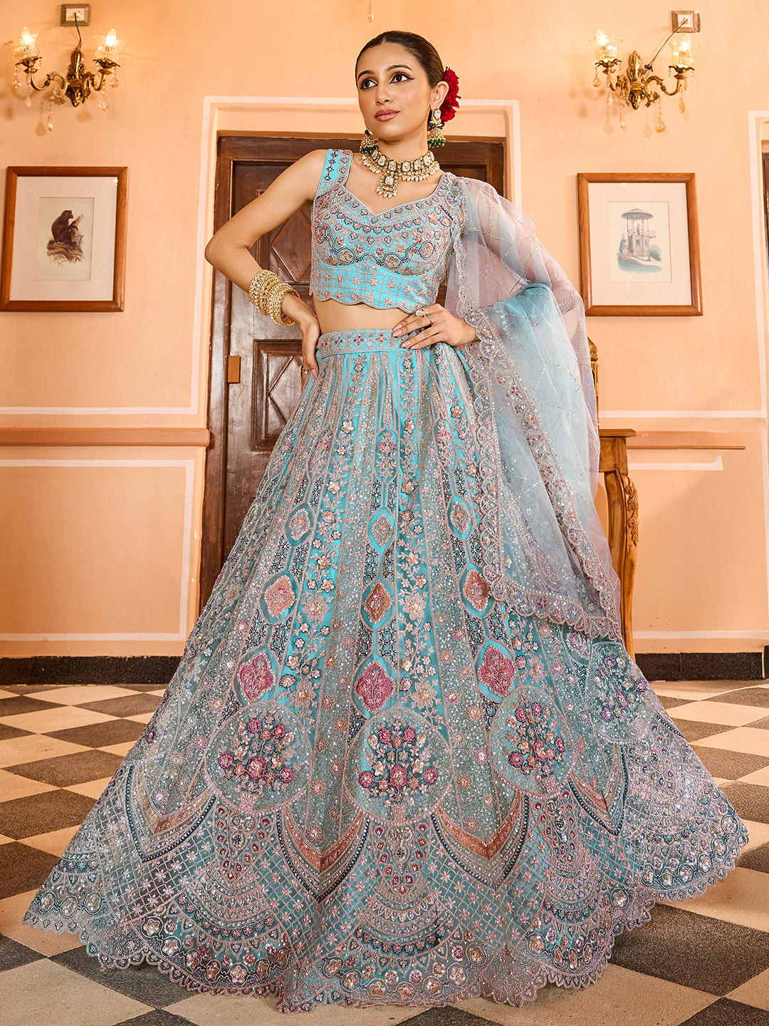 Net Fabric Sequins embroidery Semi-Stitched Lehenga & Unstitched Blouse With Dupatta (Copy) House of Panchhi