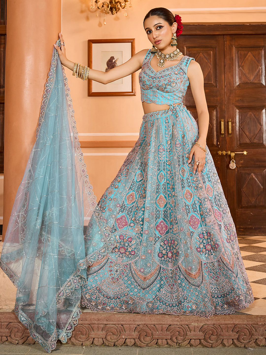 Net Fabric Sequins embroidery Semi-Stitched Lehenga & Unstitched Blouse With Dupatta (Copy) House of Panchhi