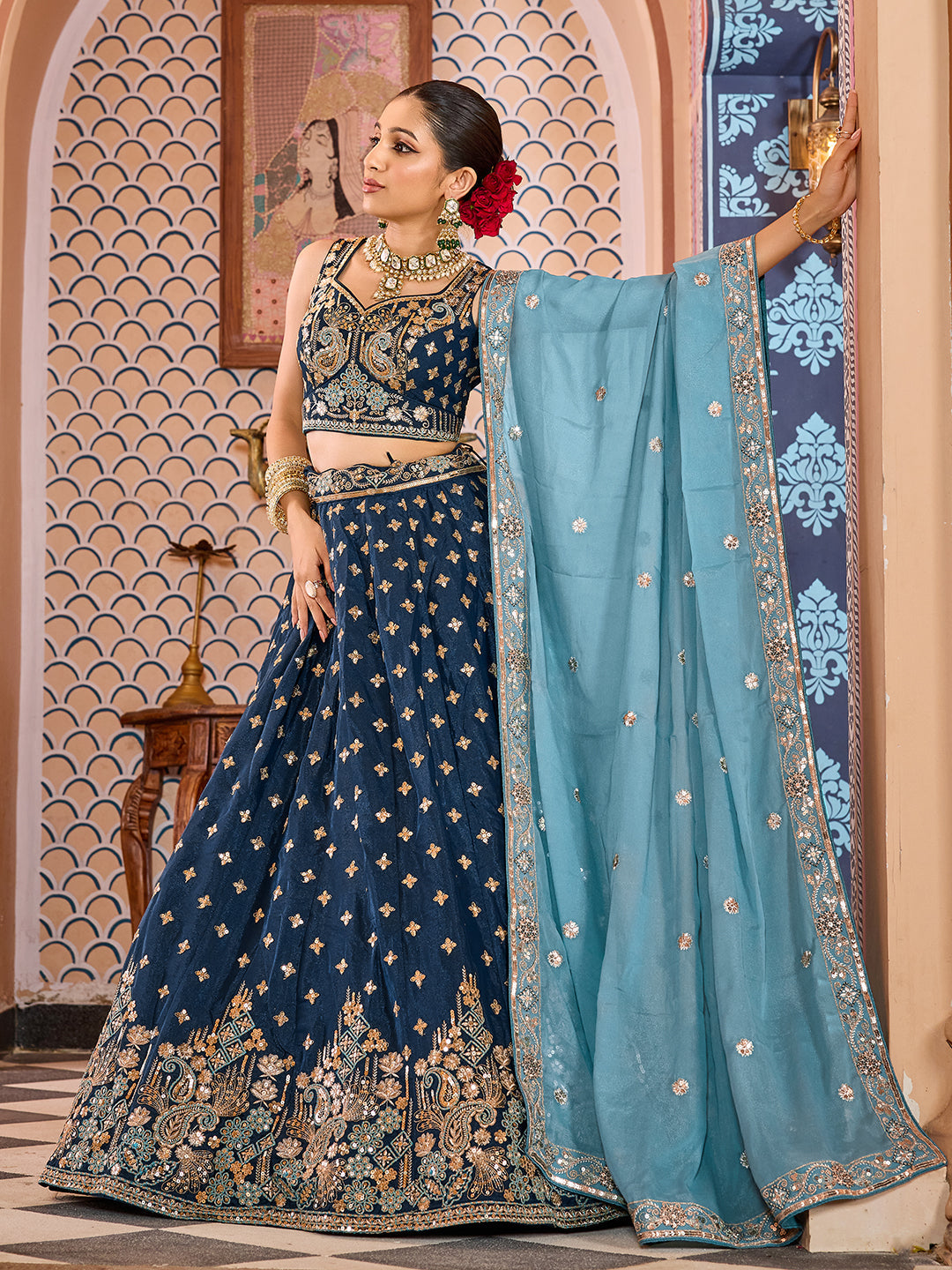 Tissue Silk Fabric Sequins embroidery Semi-Stitched Lehenga & Unstitched Blouse With Dupatta House of Panchhi
