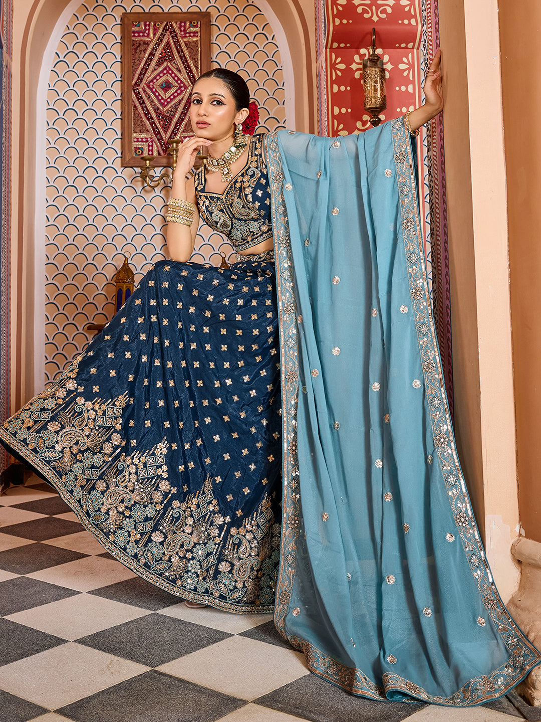Tissue Silk Fabric Sequins embroidery Semi-Stitched Lehenga & Unstitched Blouse With Dupatta House of Panchhi