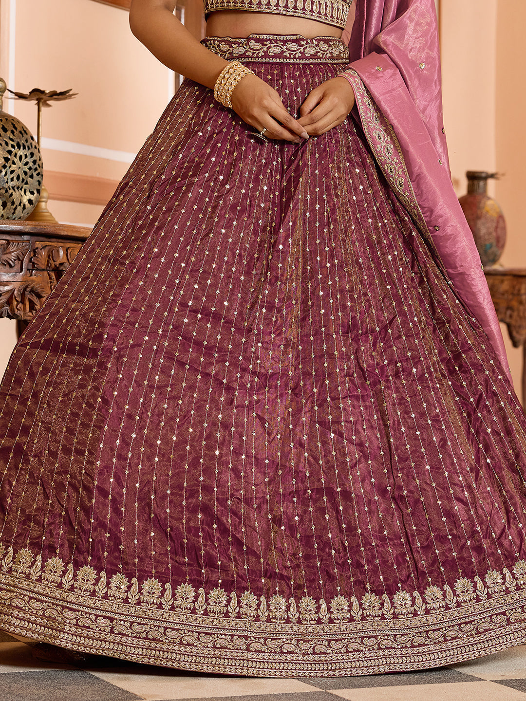 Tissue Silk Fabric Sequins embroidery Semi-Stitched Lehenga & Unstitched Blouse With Dupatta House of Panchhi
