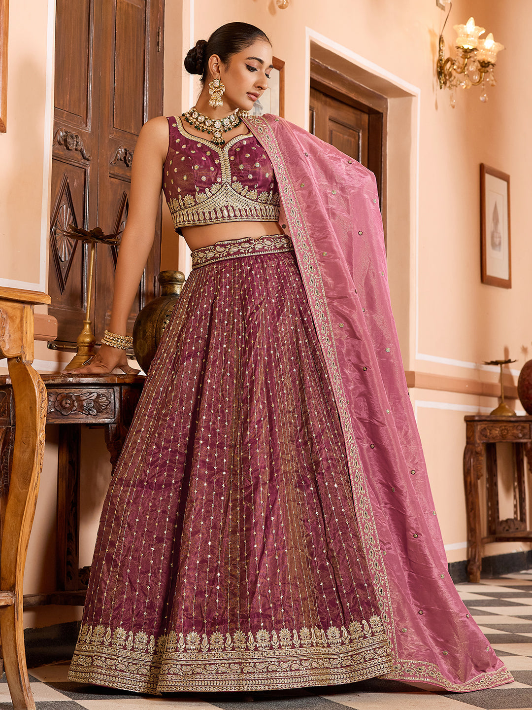 Tissue Silk Fabric Sequins embroidery Semi-Stitched Lehenga & Unstitched Blouse With Dupatta House of Panchhi