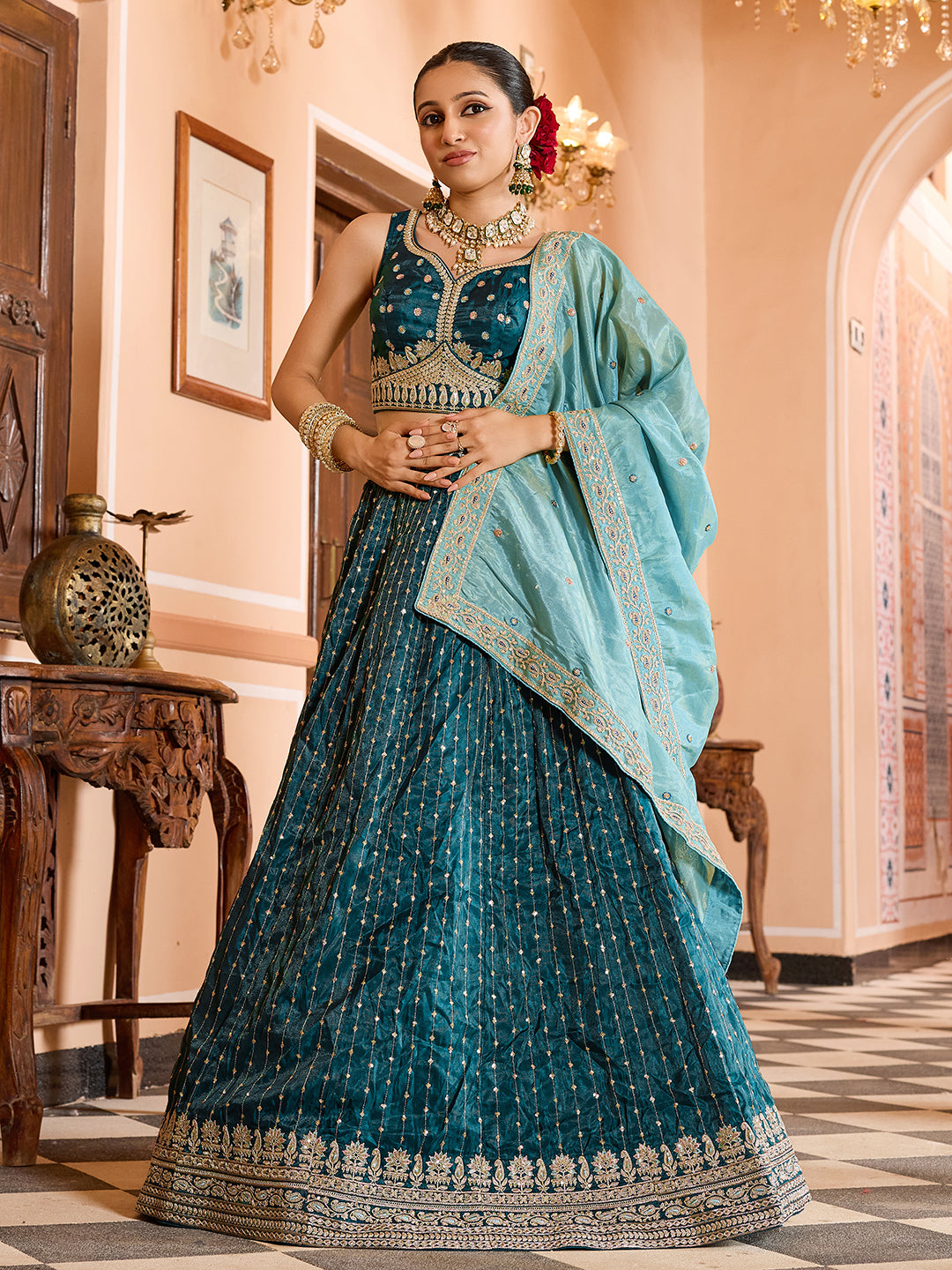 Tissue Silk Fabric Sequins embroidery Semi-Stitched Lehenga & Unstitched Blouse With Dupatta House of Panchhi