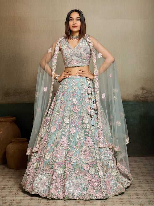 Net Fabric Sequins embroidery Semi-Stitched Lehenga & Unstitched Blouse With Dupatta