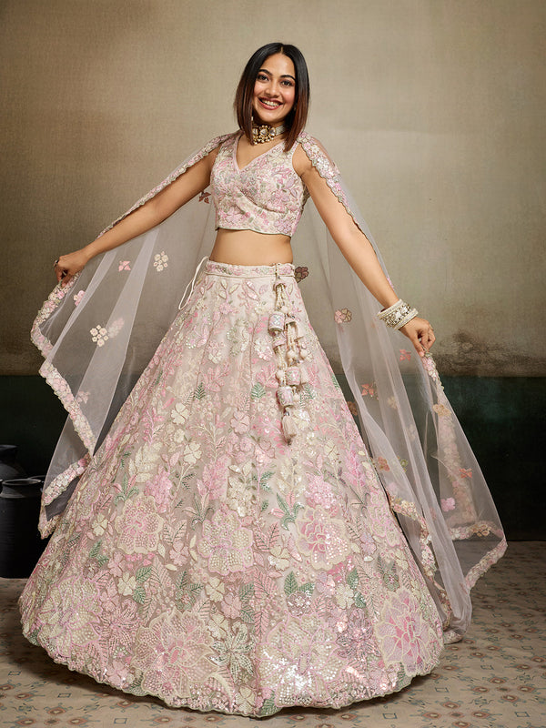 Net Fabric Sequins embroidery Semi-Stitched Lehenga & Unstitched Blouse With Dupatta House of Panchhi
