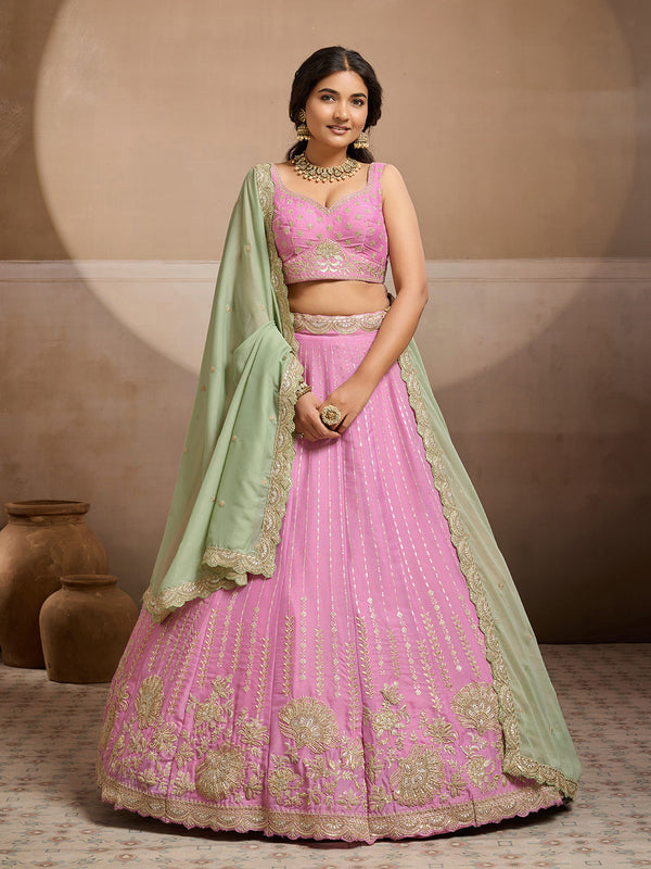 Tissue Silk Fabric Sequins embroidery Semi-Stitched Lehenga & Unstitched Blouse With Dupatta