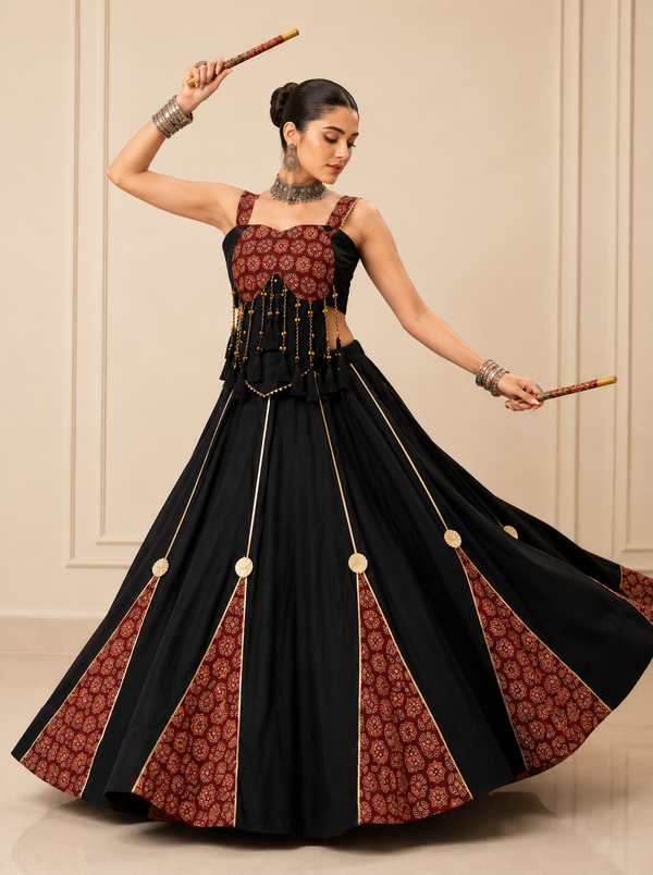 Black color Ajrak Print Navratri Designer Ready To Wear Lehenga Set houseofpanchhi