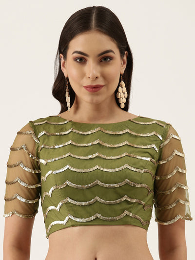 Olive Sequins Work Raw Silk Readymade Blouse