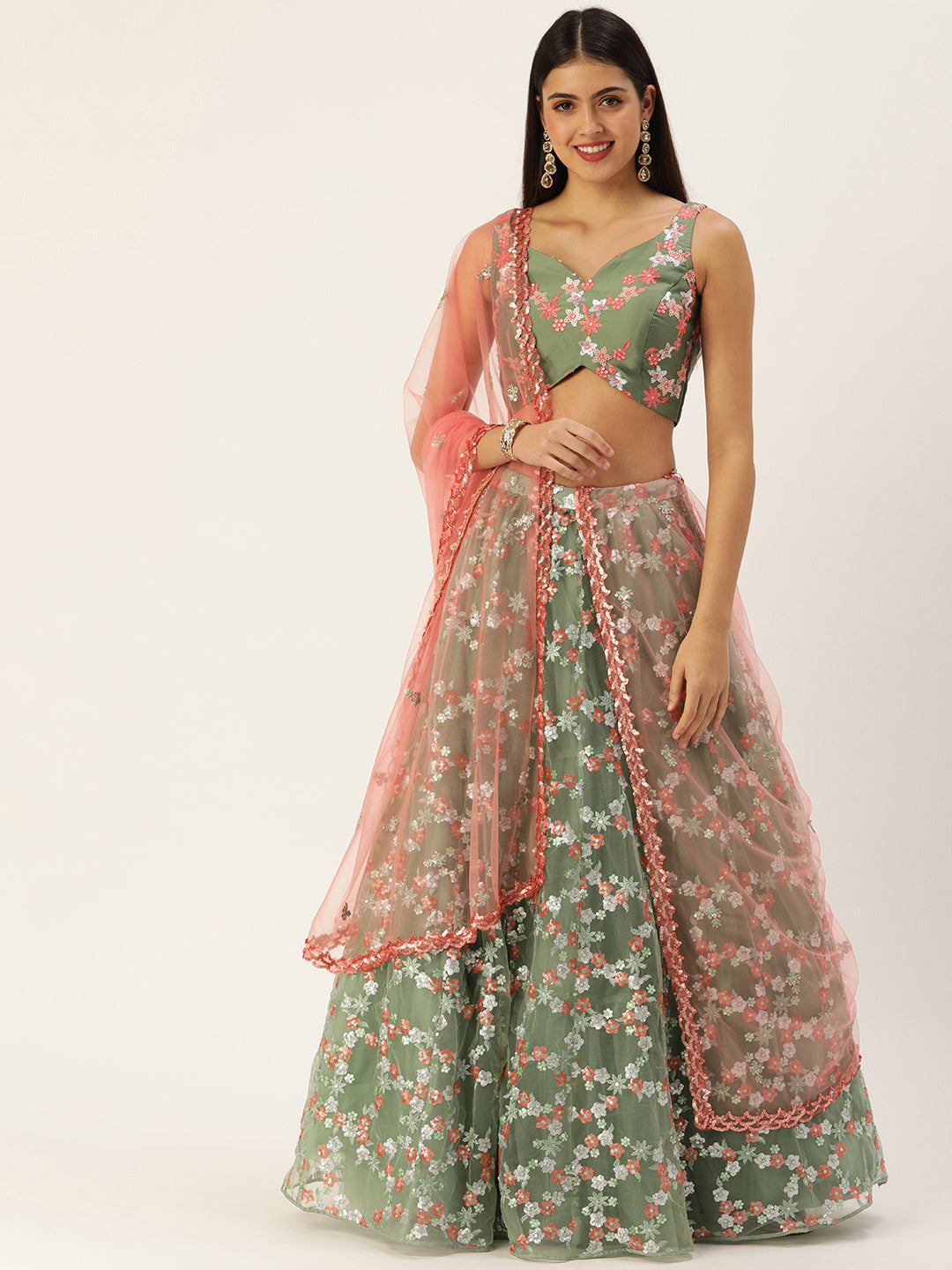 Olive Net Multi Sequins Embroidery Semi-Stitched Lehenga