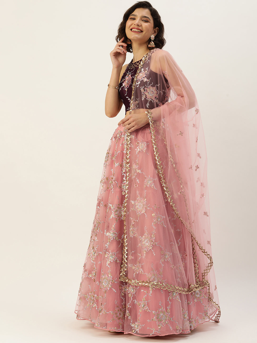 Pink Net Sequin Embroidered Semi-Stitched Lehenga