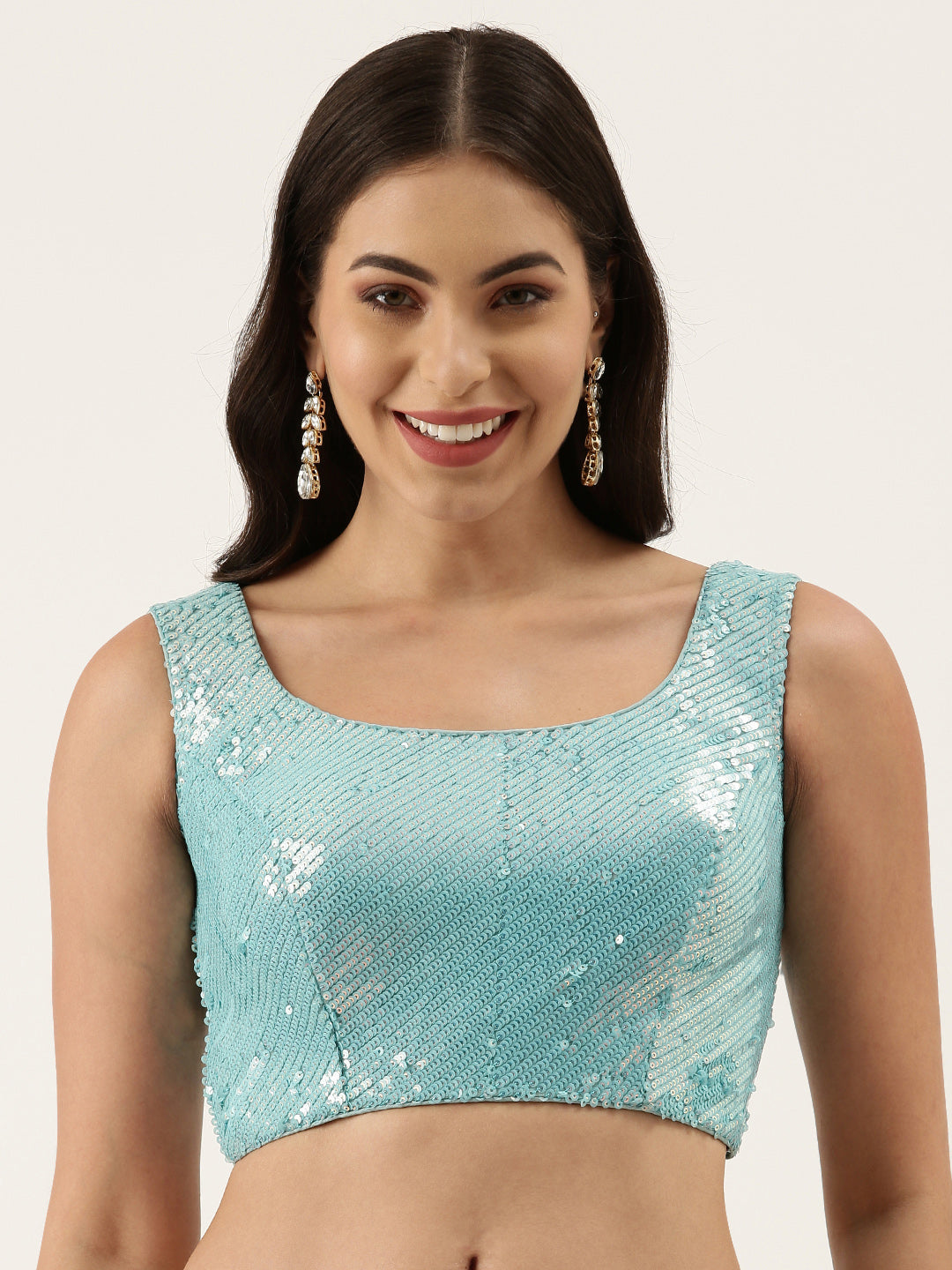 Turquoise Sequins Work Net Readymade Blouse