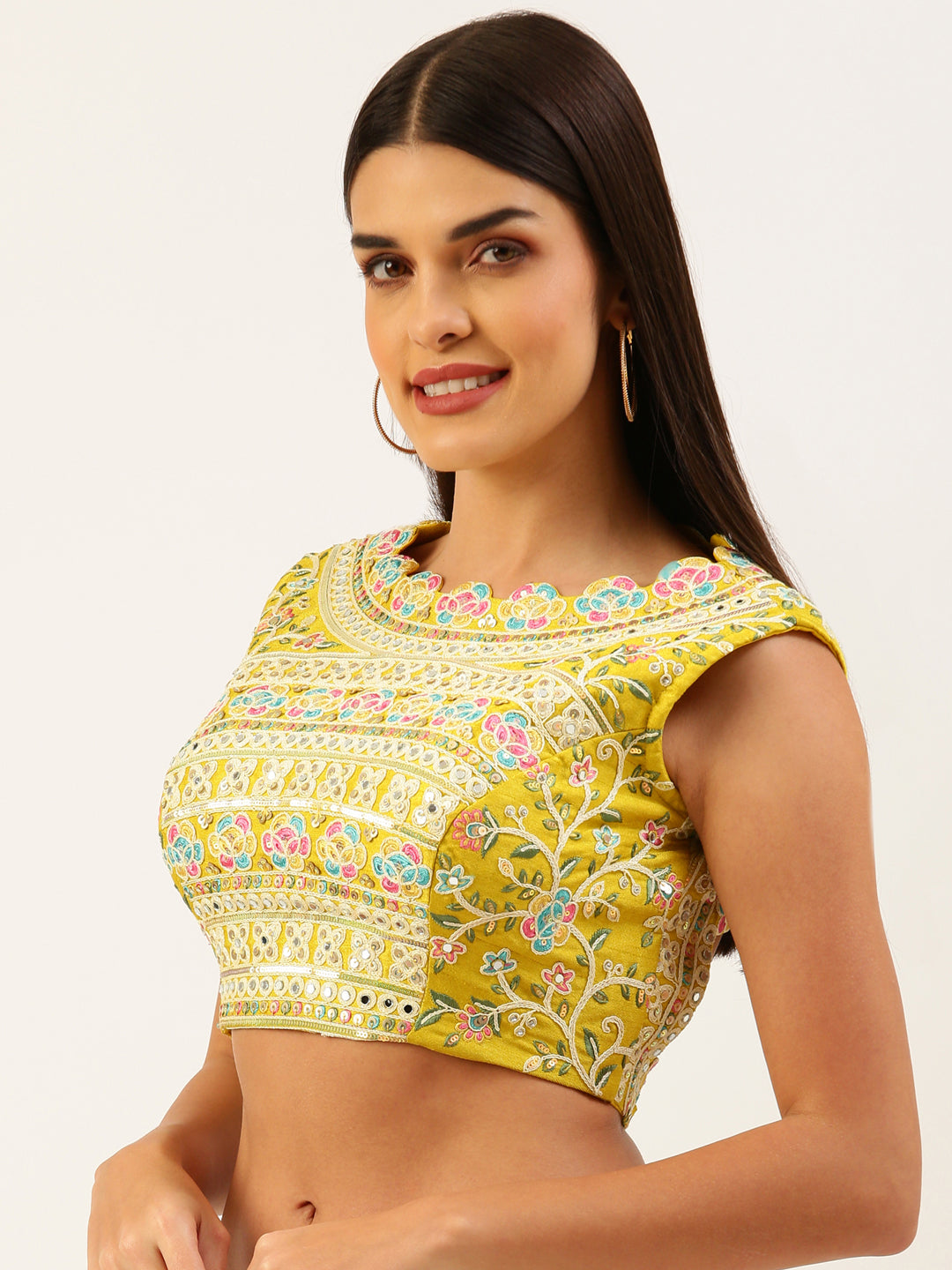 Yellow Sequined Work Silk Readymade Blouse