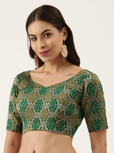 Green Jacquard Bandhani Silk Readymade Blouse