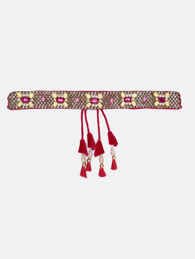 Pink Stone Work Hand Made Ethnic Waist Belt With Tassels
