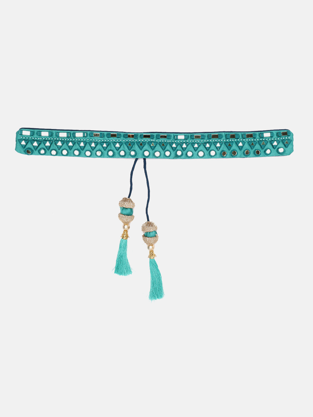Sea-Green Designer Mirror Work Hand Made Ethnic Waist Belt With Tassels